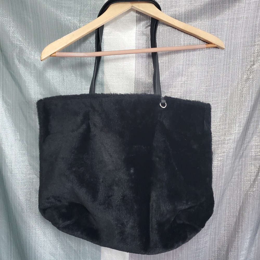 Black Faux Fur Tote Bag Shoulder Bag Handbag Magnetic Snap Closure Mob Wife - Picture 3 of 8